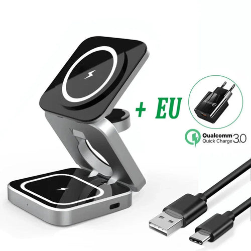 Foldable 3 in 1 wireless charging phone stand with EU plug and USB-C cable for smartphones, smartwatches, and earbuds.
