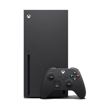 Xbox Series X console in black with wireless controller, featuring 1 TB storage and modern design for gaming enthusiasts.