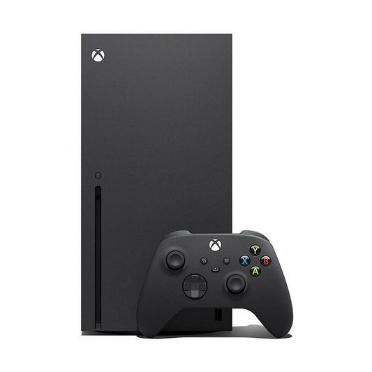 Xbox Series X console in black with wireless controller, featuring 1 TB storage and modern design for gaming enthusiasts.