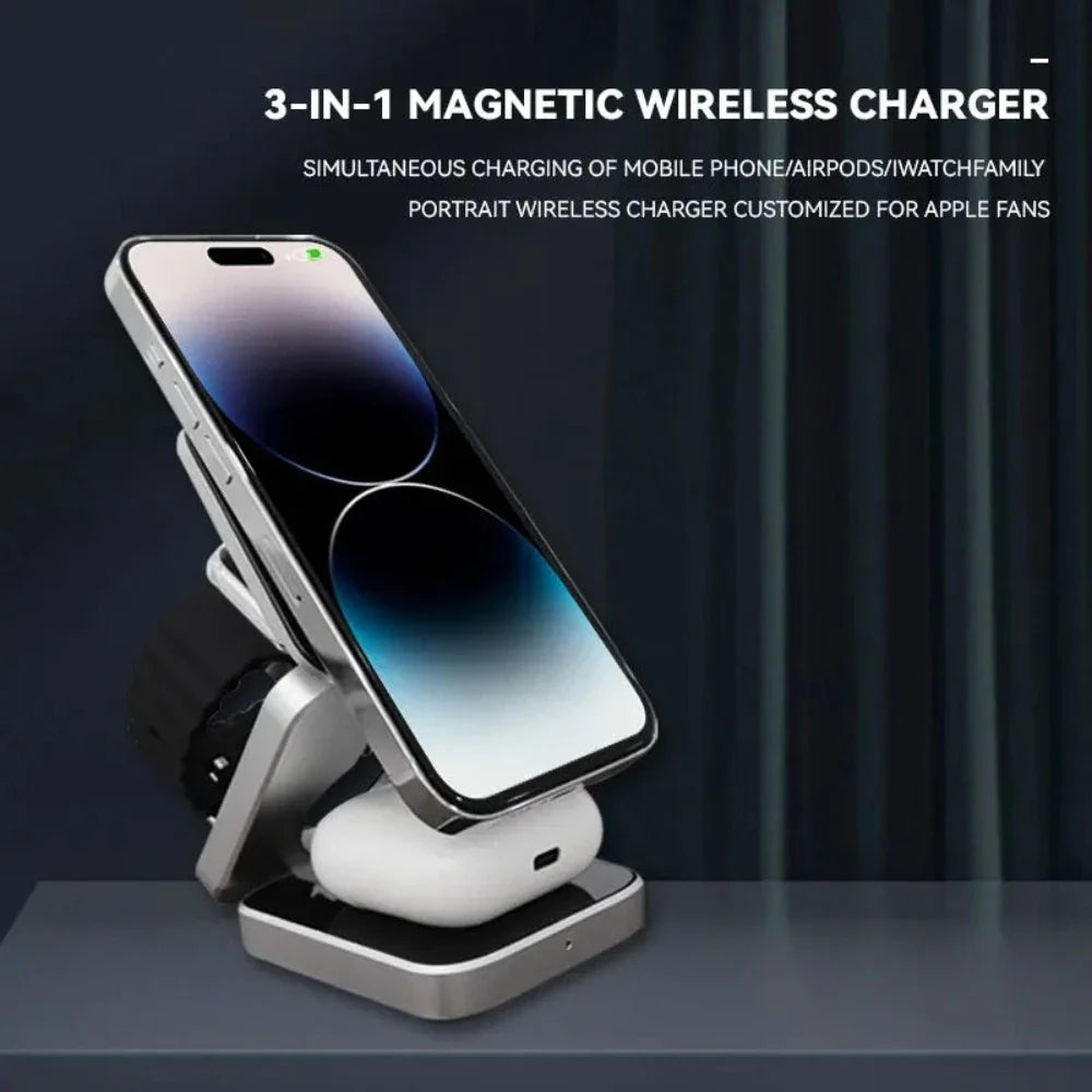 3-in-1 magnetic wireless charger for phone, AirPods, and Apple Watch, featuring a sleek design and simultaneous charging capability.