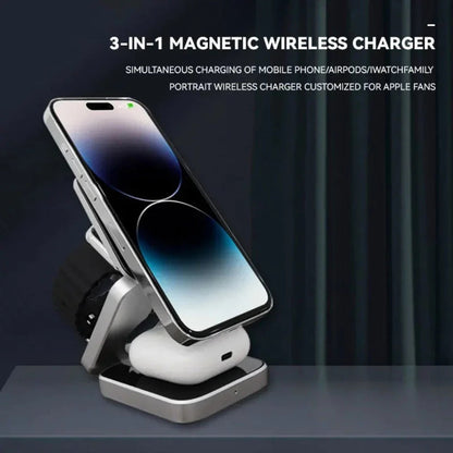 3-in-1 magnetic wireless charger for phone, AirPods, and Apple Watch, featuring a sleek design and simultaneous charging capability.