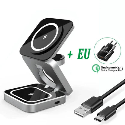 Foldable 3 in 1 wireless charging phone stand with EU plug and USB-C cable for smartphones, smartwatches, and earbuds.