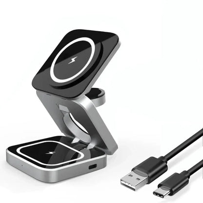 Foldable 3-in-1 wireless charging phone stand with USB-C cable, designed for smartphones, smartwatches, and earbuds.