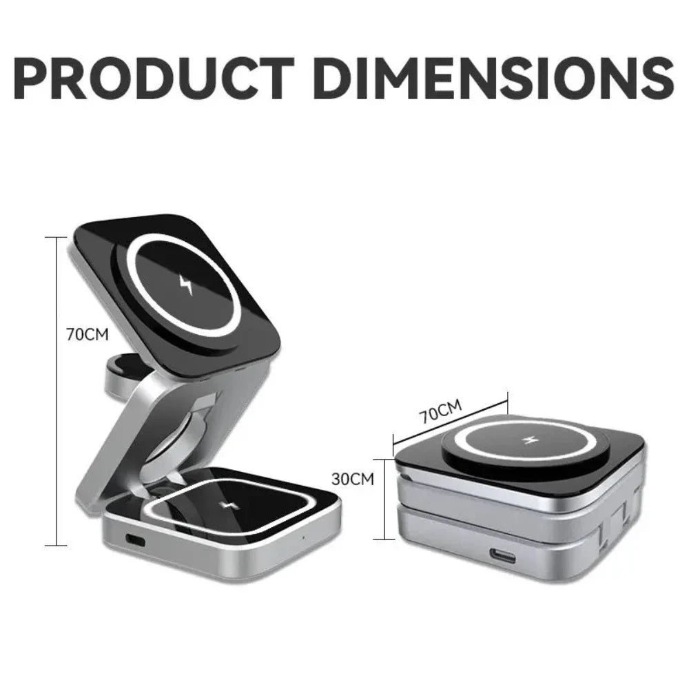 Foldable 3 in 1 wireless charging phone stand with dimensions labeled: 70CM height and 30CM width when compacted.