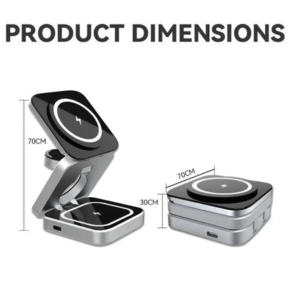 Foldable 3 in 1 wireless charging phone stand with dimensions labeled: 70CM height and 30CM width when compacted.