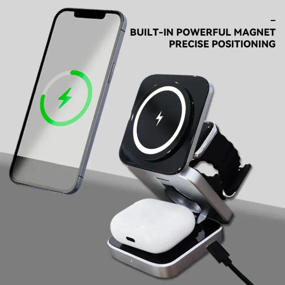 Foldable 3 in 1 wireless charging phone stand with a powerful magnet, charging a smartphone and earbuds simultaneously.