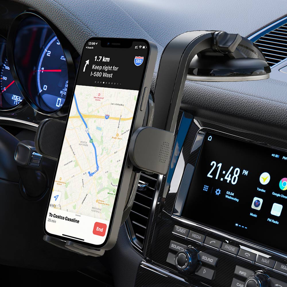 Universal suction phone car mount securely holding a smartphone displaying GPS navigation on a dashboard.