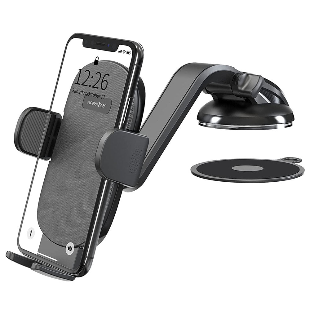 Universal suction phone car mount with adjustable arm, securely holding a smartphone, ideal for dashboards.