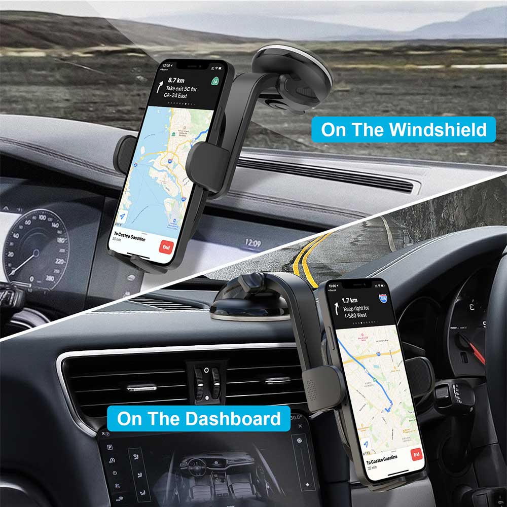 Universal suction phone car mount shown on windshield and dashboard with navigation map display, highlighting versatile placement options.