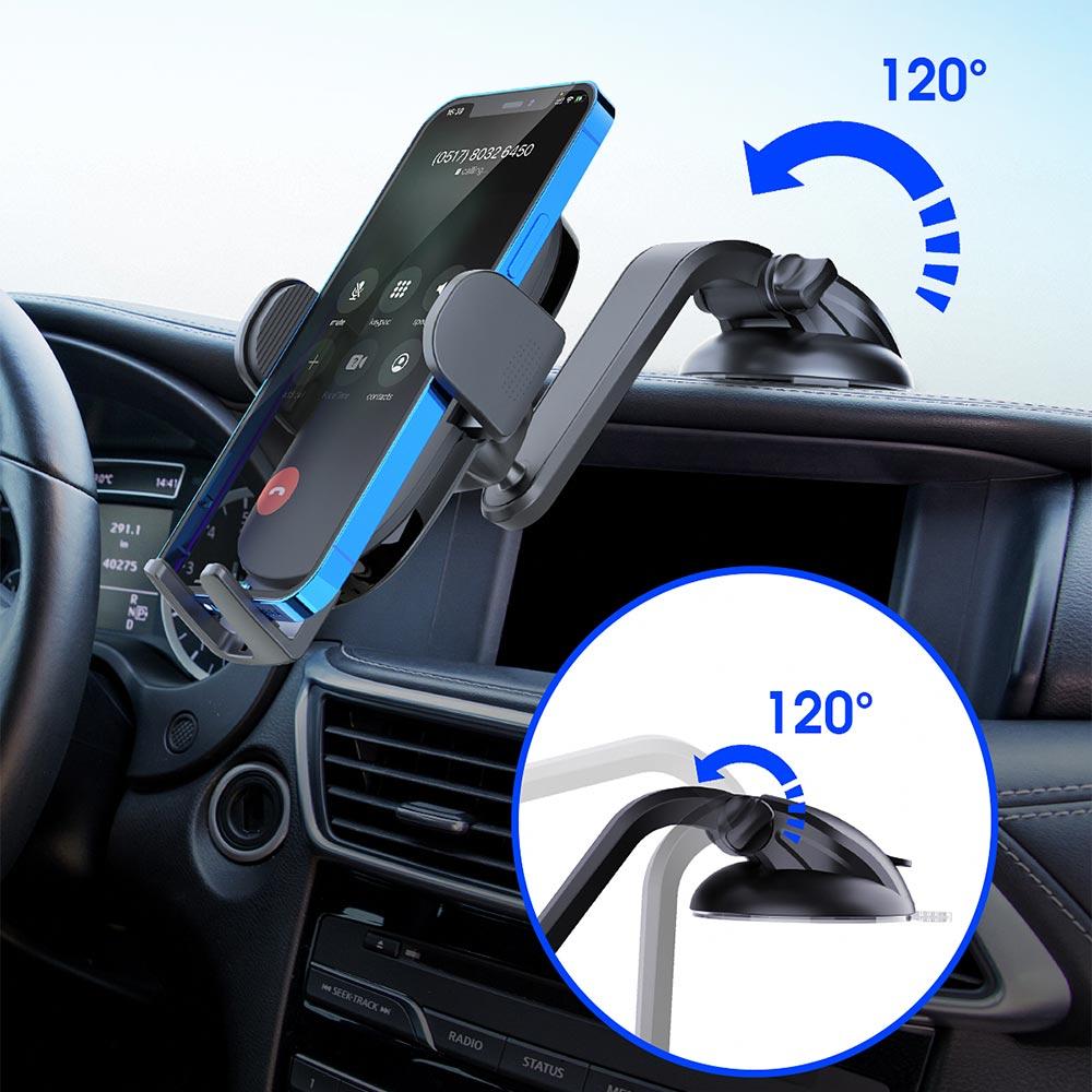 Universal suction phone car mount dashboard with 120° angle adjustment and secure phone grip in a vehicle.