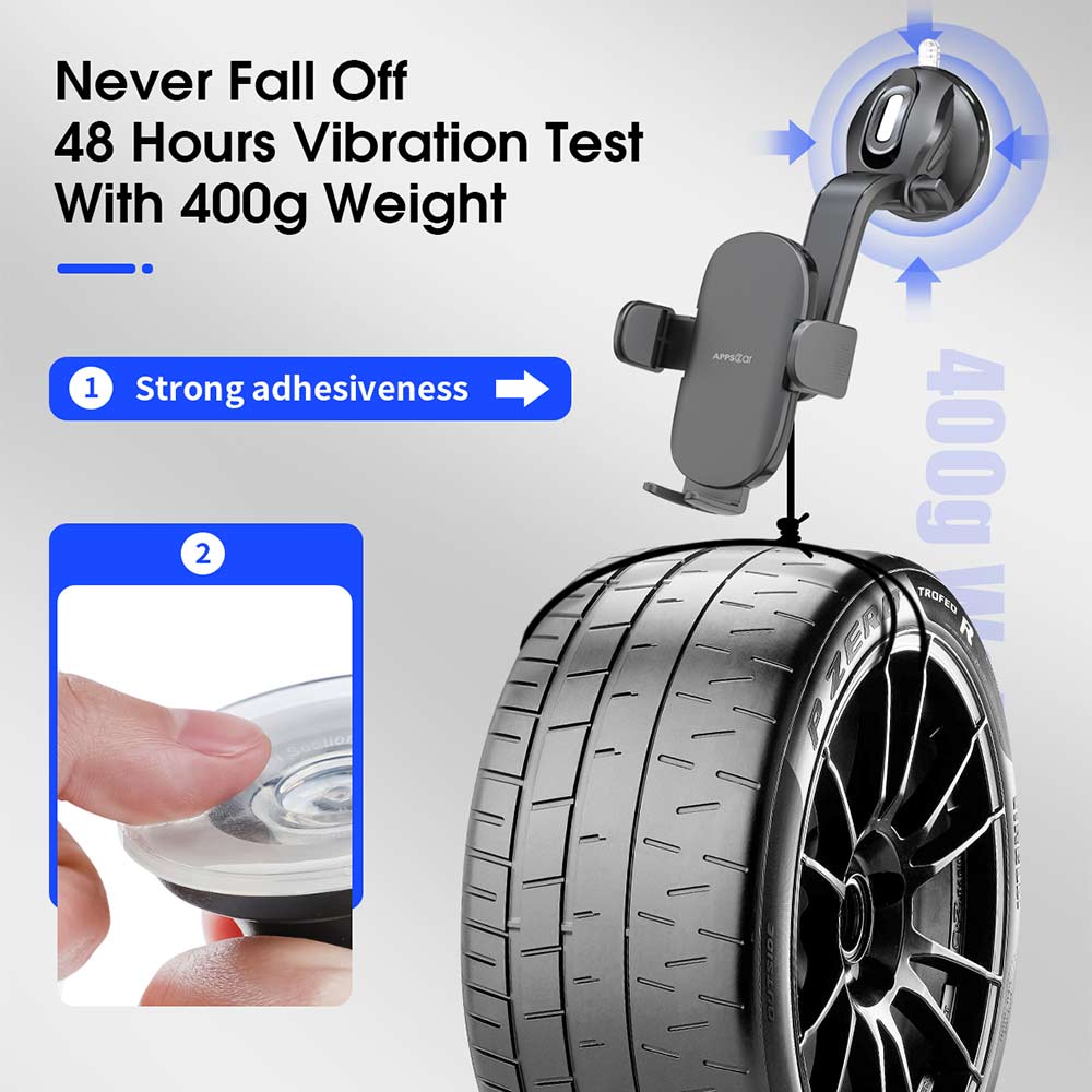 Universal suction phone car mount on a tire showcasing strong adhesion and durable design tested for 48 hours with 400g weight.