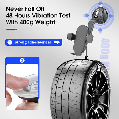 Universal suction phone car mount on a tire showcasing strong adhesion and durable design tested for 48 hours with 400g weight.