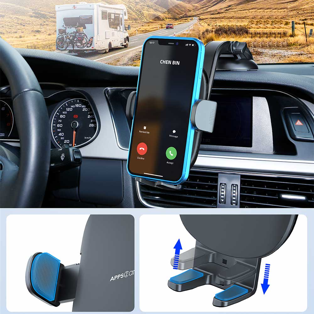 Universal suction car phone mount securely holding a smartphone on a dashboard with adjustable features and anti-slip design.